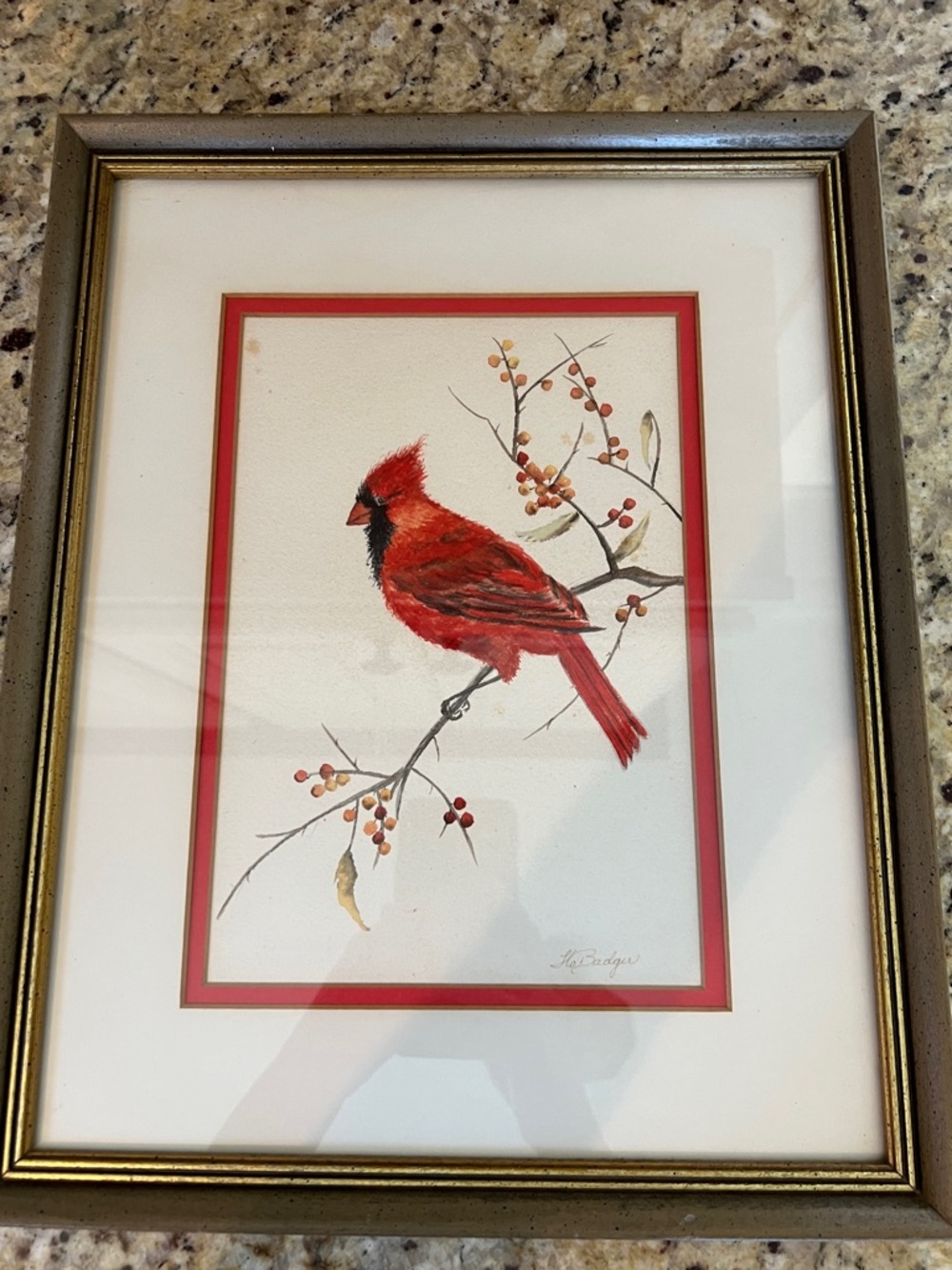 Framed Watercolor Cardinal Signed